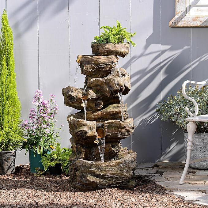 40.5" H Outdoor Water Fountain 5 Tiers Large Cascading Wooden Imitative Wood Natural Waterfall Outdoor Fountain Resin Imitation Wood with LED Lights for Garden, Patio, Porch
