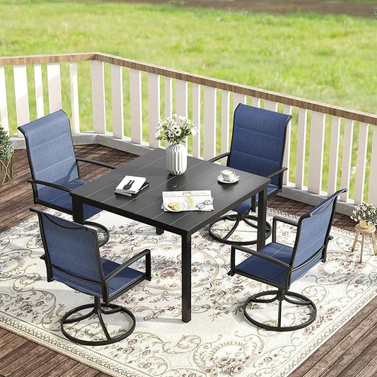 VICLLAX 5 Pieces Patio Dining Set, 4 Seats Outdoor Furniture Set Includes 40.2" Square Outdoor Dining Table and 4 Swivel Patio Chairs, Black Tabletop and Blue Fabric