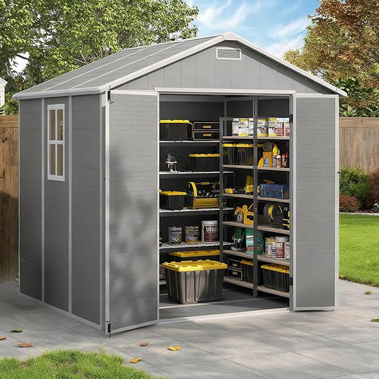 Outdoor Shed 5x3/6x4/7x7/8x6/8x10/8x12 FT, 15MM Thick PP Resin Plastic Shed with Lockable Door & Floor - Waterproof Plastic Tool Shed for Bike, Garbage Can, Backyard, Patio ﻿ ﻿ (Grey, 8x6FT)