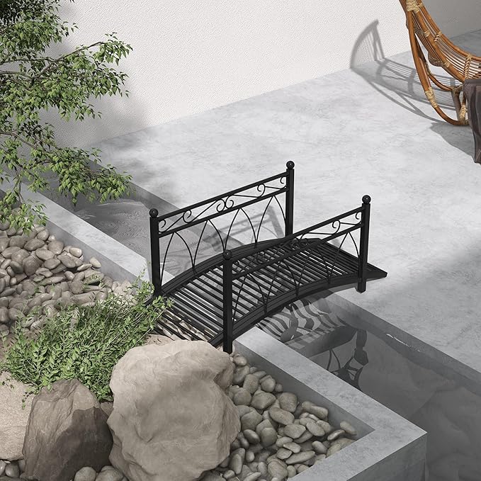 Outsunny 3.3' Metal Arch Zen Garden Bridge with Safety Siderails, Decorative Footbridge, Delicate Scrollwork & Corner Spheres for Stream, Fish Pond, Black