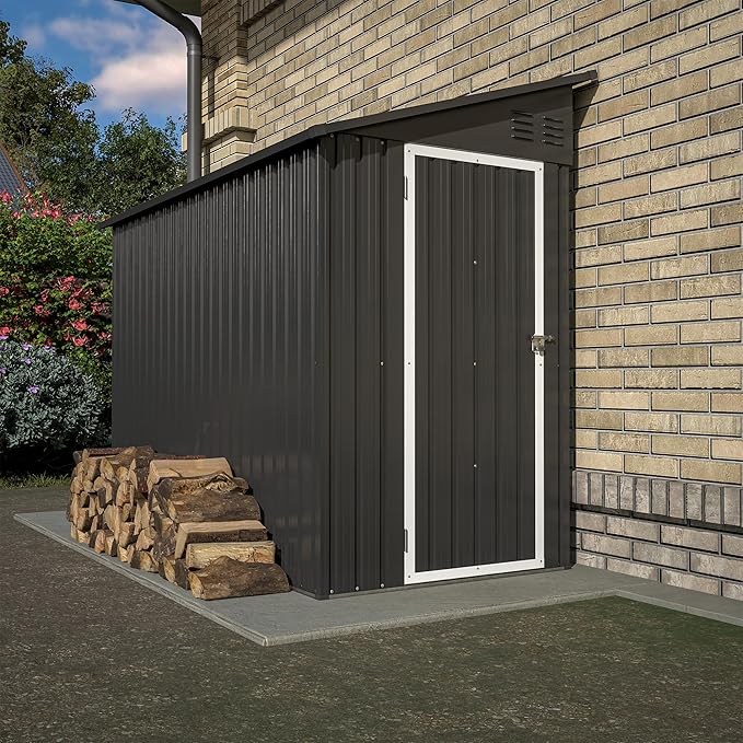 4×8 FT Lean to Metal Shed,Outdoor Heavy-Duty Storage Shed with Floor Base,All Weather Waterproof Garden Tool House W/Lockable Door&2 Air Vent,Reversible Door Design,for Backyard,Patio,Lawn,Black