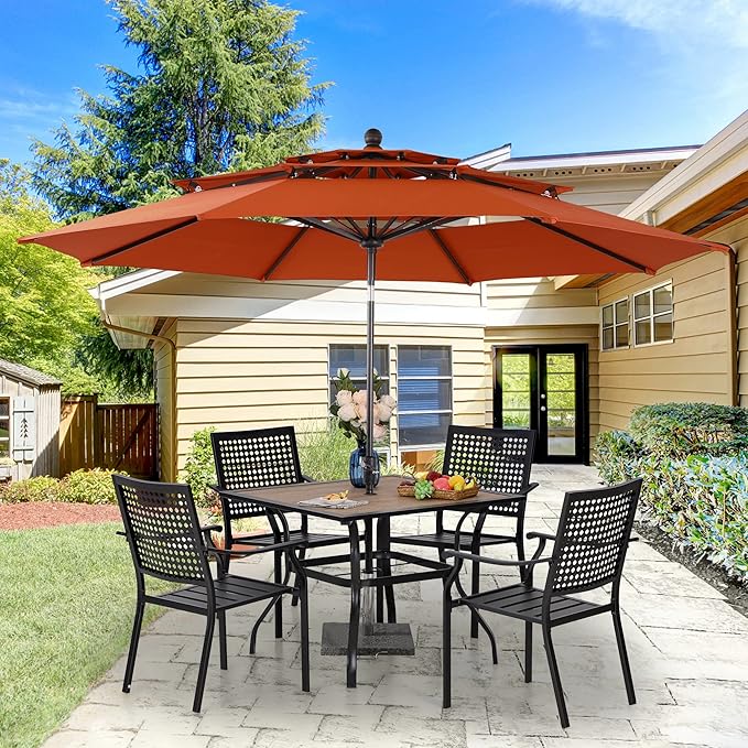 PHI VILLA 5 Pieces Patio Dining Set for 4 with 10ft Patio Umbrella, Metal Outdoor Stackable Wrought Iron Chair Set of 4 & 37" Metal Wood-Like Dining Table,3 Tier Vented Market Table Beige Umbrella