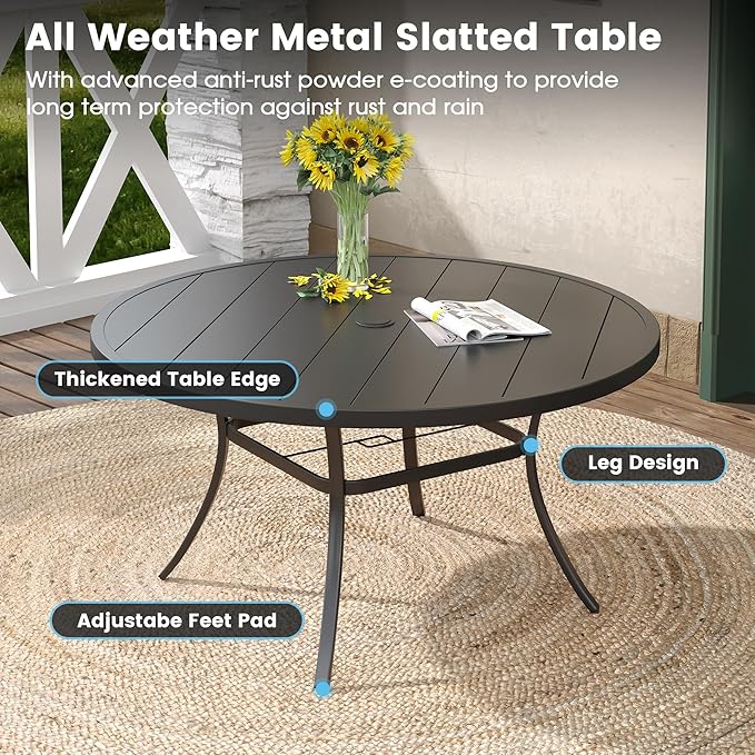 DIFY 7 Pieces Outdoor Patio Dining Set, 6 Blue Textilene Swivel Dining Chairs and 53" Black Round Metal Dining Table, Outdoor Table and Chairs