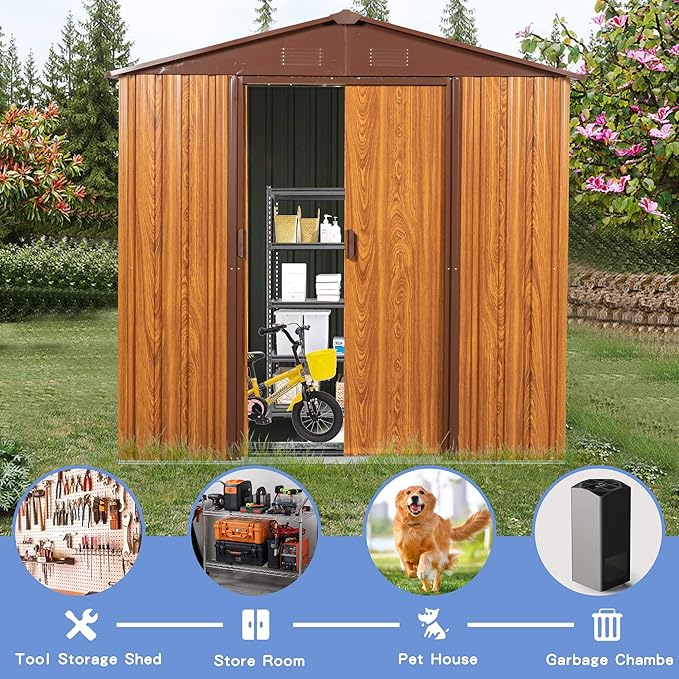 6 x 6 FT Outdoor Storage Shed, Metal Garden Shed with Floor Frame, Tool Shed Outdoor Storage with Lockable Sliding Doors & Air Vents, Storage House Waterproof for Backyard, Lawn, Coffee