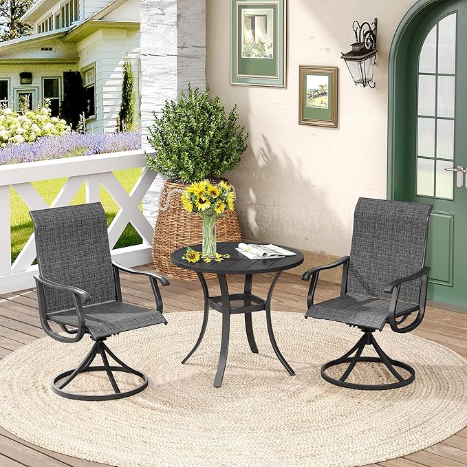 DIFY 3 Pieces Outdoor Patio Bistro Dining Set, 2 Dark Grey Textilene Swivel Dining Chairs and 27.6" Black Small Round Dining Table, Outdoor Table and Chairs