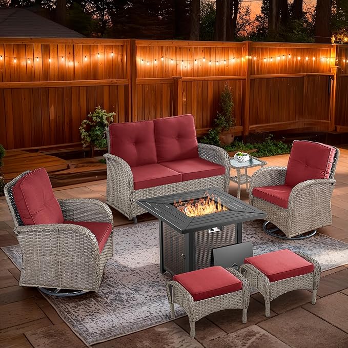 7 Piece Patio Furniture Set with Fire Pit Table - Wicker Patio Conversation Set with Swivel Glider, Glider Loveseat, Side Table and 2 Ottomans for Deck Backyard - Grey Wicker Red Cushion
