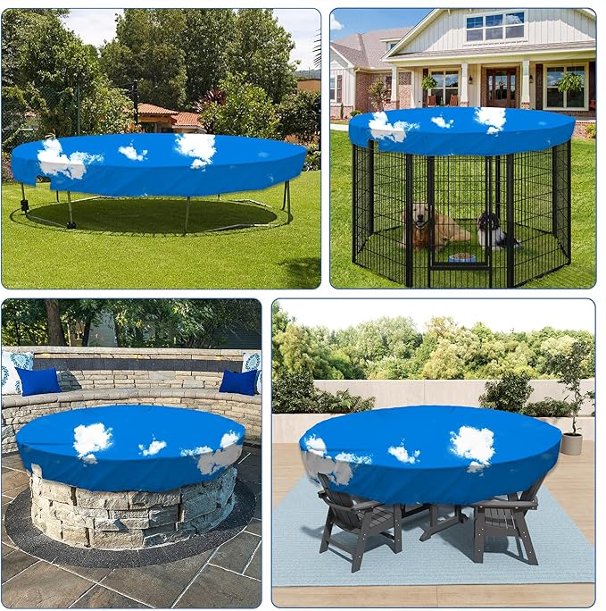 ECOOPTS 14 ft Waterproof Round Polyester Pool Cover for Above Ground Pools, Swimming Pool Cover Protector Winter Safety Cover (Blue Sky)