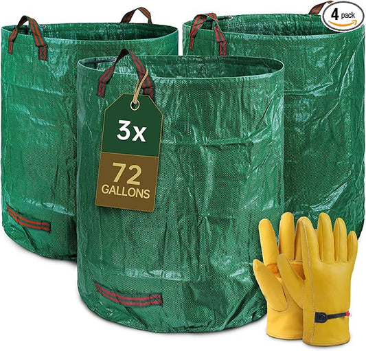 3-Pack 72 Gallon Self-Standing Yard Waste Bags with Cowhide Gloves — Heavy-Duty 150 GSM Woven PE, Double-Layer Reinforced Bottom, Four Handles, Reusable Leaf Bags for Lawn & Garden