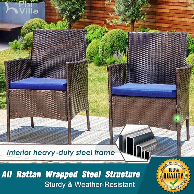 PHI VILLA 9 Pieces Square Outdoor Dining Set for 8, 60” Metal Iron Dining Table & Rattan Wicker Chairs with Cushions, Large Dining Furniture Set for Patio, Deck, Yard, Porch