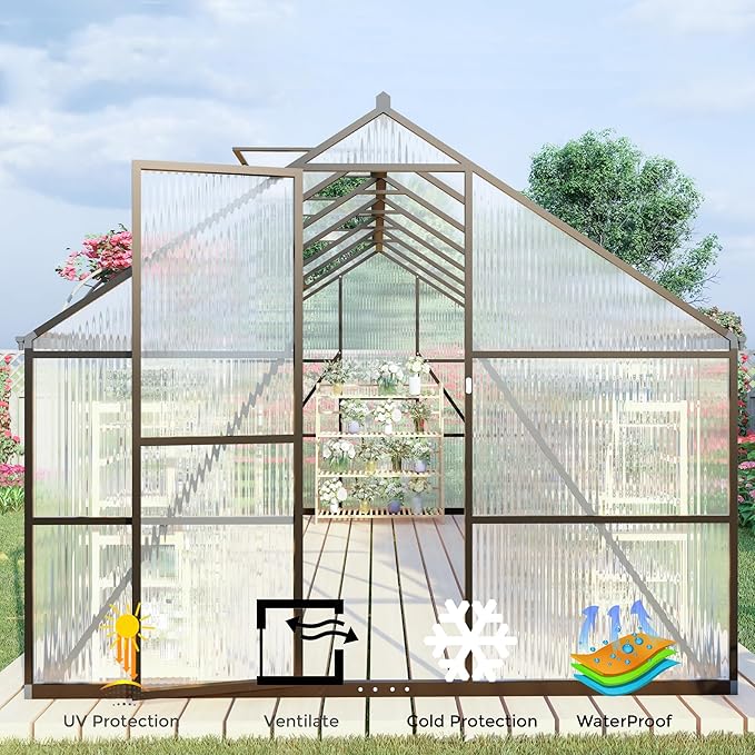 CQZY 8x14 FT Greenhouse for Outdoors, Polycarbonate Greenhouse with Quick Setup Structure and Roof Vent, Aluminum Large Walk-in Green House for Outside Garden Backyard, Dark Gray