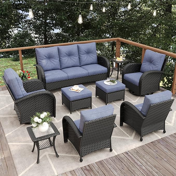 9 Pieces Patio Furniture Sets, Wicker Rattan High Back Outdoor Swivel Rocking Chairs Set with 3-Seat Couch, Ottomans and Side Table