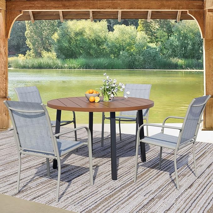 5 Pieces Round Dining Table Set for 4, Patio Dining Set Includes 4 Beige Blue Stackable Patio Chairs and 1 Walnut Round Table, Patio Furniture Sets with Sling Support for Outside, Garden