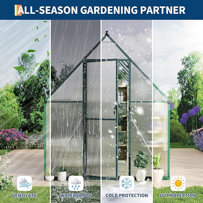 6X11 ft Polycarbonate Greenhouse with Aluminum Frame, Polycarbonate Greenhouse for Outdoors, Greenhouses with Ventilation, Aluminum Large Walk-in Greenhouses for Outside