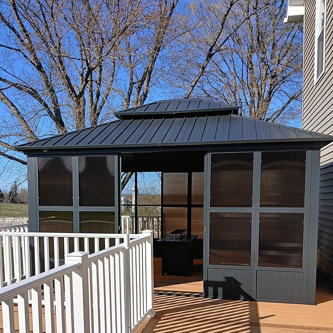 PURPLE LEAF 12' X 14' Sunroom Hardtop Gazebo Solarium with Light Galvanized Steel Double Roof All-Weather Aluminum Outdoor Screen House for Patio Deck Backyard Grey