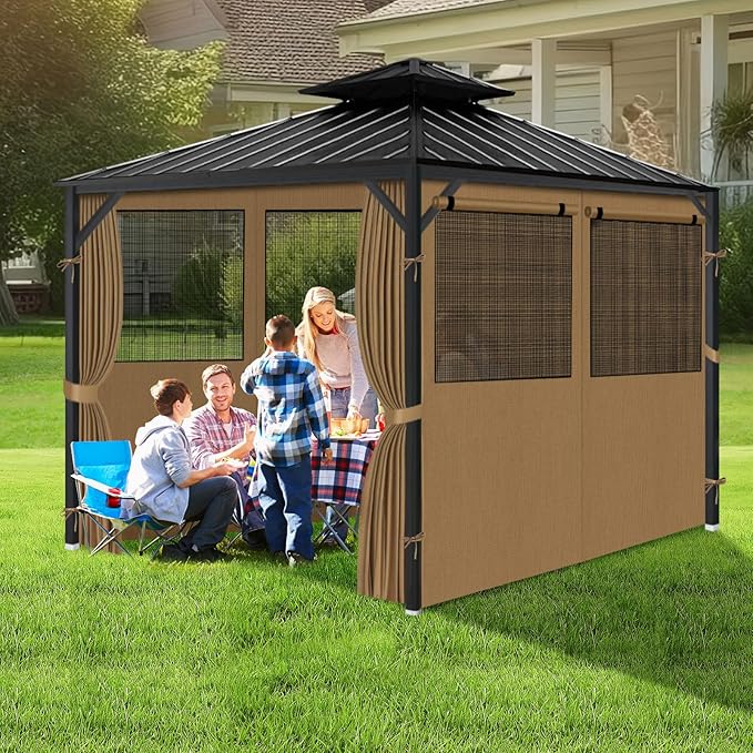 Gazebo Privacy Curtain 10'x12', Replacement Curtains with Mosquito Net Windows, 4-Panels Side Wall, Zippers, Waterproof Outdoor Curtains for Patio, Canopy, Garden and Backyard, Khaki (Curtain Only)