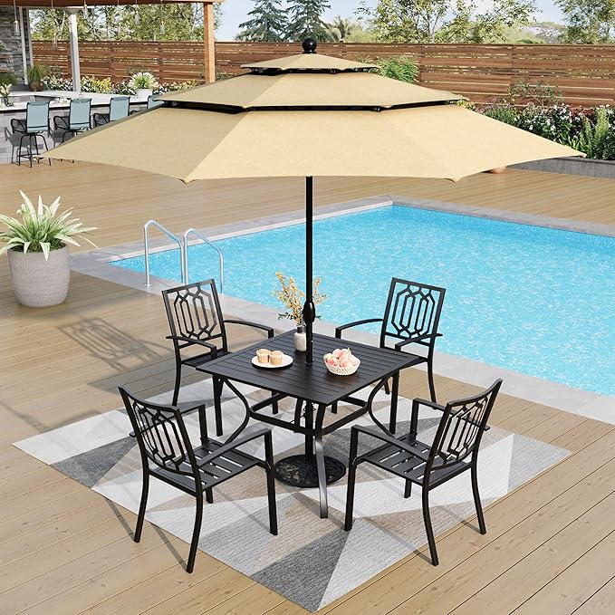 PHI VILLA Patio Dining Set 5 pcs with Umbrella(Beige),1 Square Metal Table& 4 Metal Outdoor Stackable Chairs and 1 10ft 3 Tier Auto-tilt Umbrella (Base Not Included)