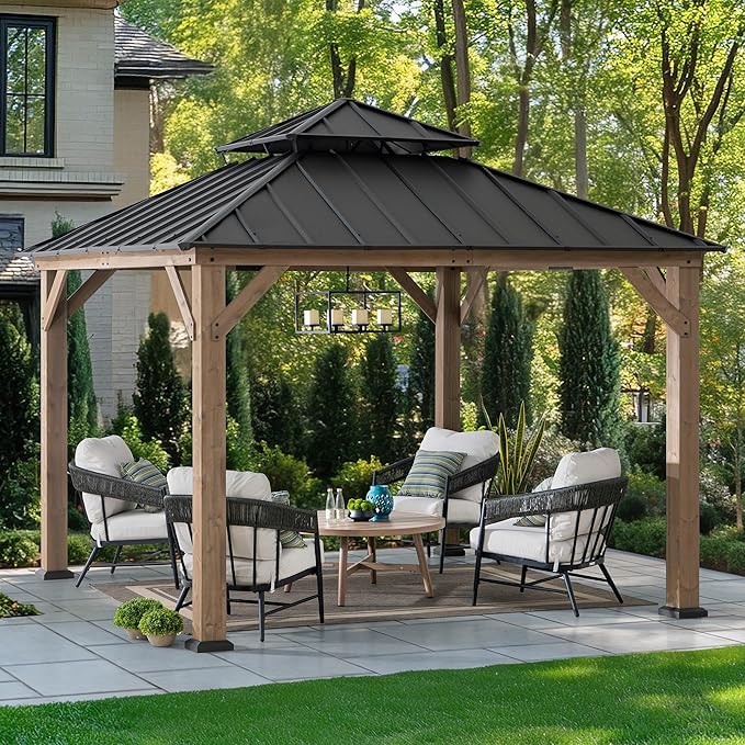 SUNJOY 11 x 11 ft. Wood Gazebo, Upgrade Outdoor Patio Cedar Framed Steel Hardtop Gazebo with 2-Tier Metal Roof, Suitable for Patios, Lawn and Backyard, Dark Brown Roof + Dark Wood Frame