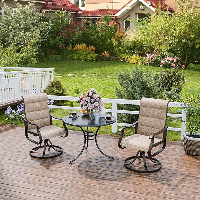 UDPATIO Patio Swivel Chairs Set of 2, Outdoor Dining Chairs High Back with Padded All Weather Breathable Textilene, Metal Rocking Frame for Backyard Lawn Garden, Brown