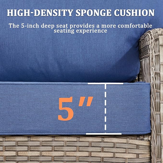 6 Pieces Patio Furniture Set Outdoor Sectional Sofa Couch with Rocking Swivel Chairs 5" Deep Seat Chairs, 2 Sofa Sets Modern Wicker Rattan Conversation Set, Blue/Gray Wicker