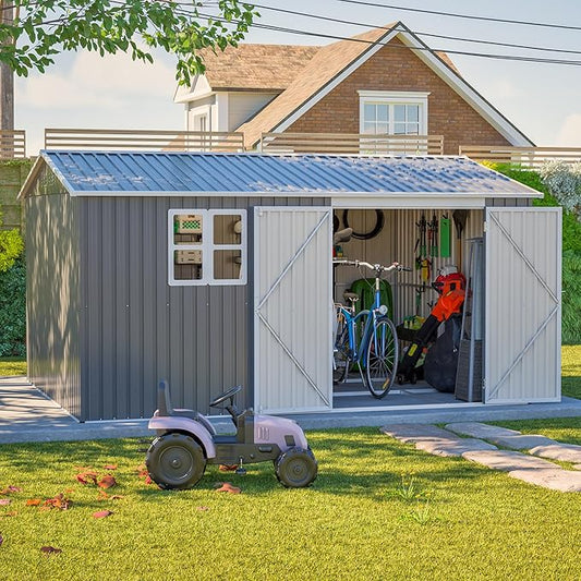 12x10 FT Shed Outdoor Storage Metal Large Garden Tool Sheds with Window Lockable Doors Sloping Roof Floor Frame Waterproof Steel Utility Equipment Shed for Backyard Patio Lawn Poolside, Grey