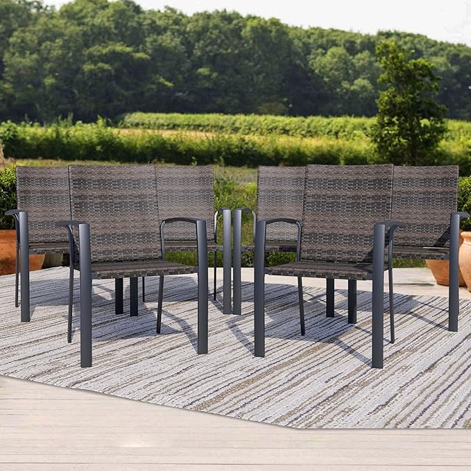 Outdoor Dining Chairs Set of 6, Stackable Patio Chairs with Woven Rattan Back & Seat, Perfect for Patio, Garden, or Deck, Rattan Gray Brown