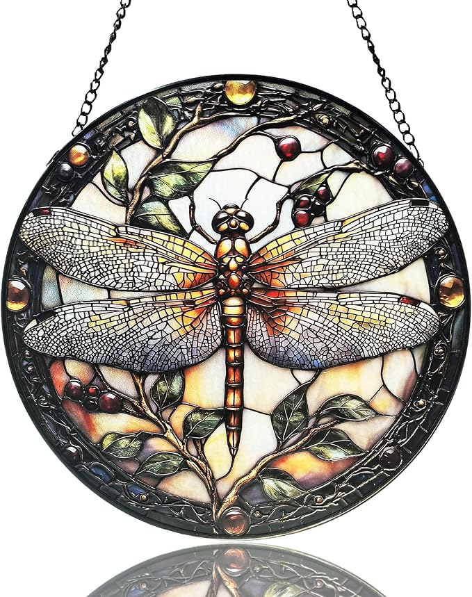 Stained Glass Window Hanging - Dragonfly Plant Suncatcher Ready to Hang Window Doors Home Decoration, 9.8 inch