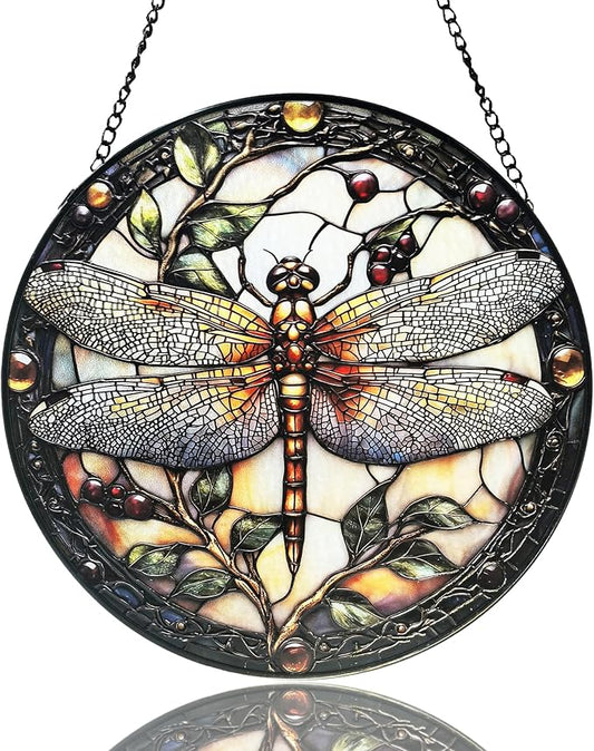 Stained Glass Window Hanging - Dragonfly Plant Suncatcher Ready to Hang Window Doors Home Decoration, 9.8 inch