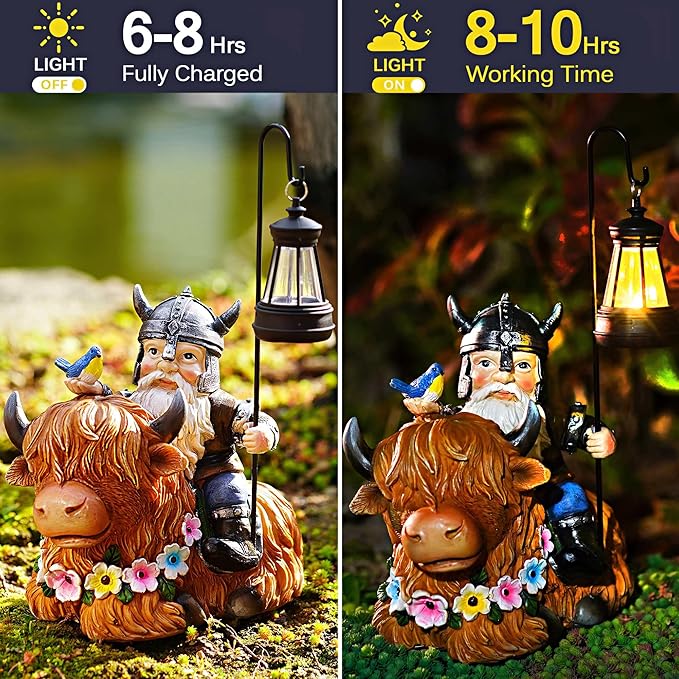 Garden Gnome Outdoor Statue 12 Inch Highland Cow Gnomes Decorations for Yard Patio Lawn Porch Birthday for Women, Mother’s Day, Housewarming with Solar Light Funny Decor for Outside