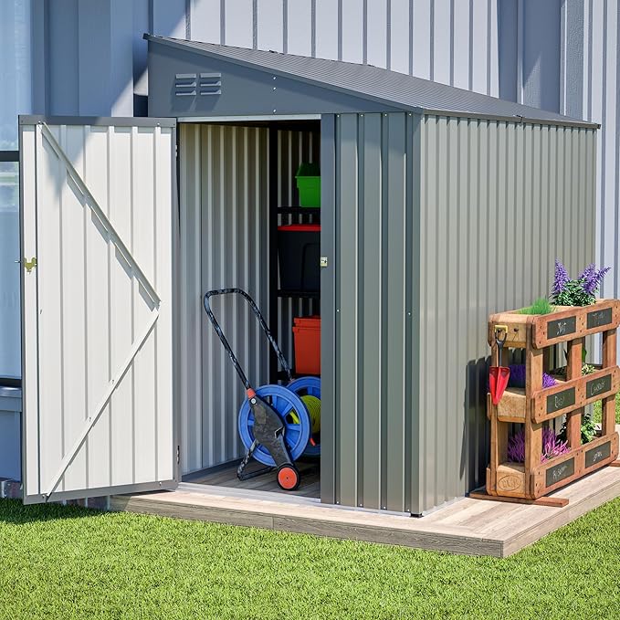 4x7 Ft Outdoor Storage Shed - Heavy Duty Metal Garden Shed, Galvanized Steel with Weather Protection, Lockable Tool & Bike Storage, Space-Saving Lean-to Design for Backyard (Olive Gray)
