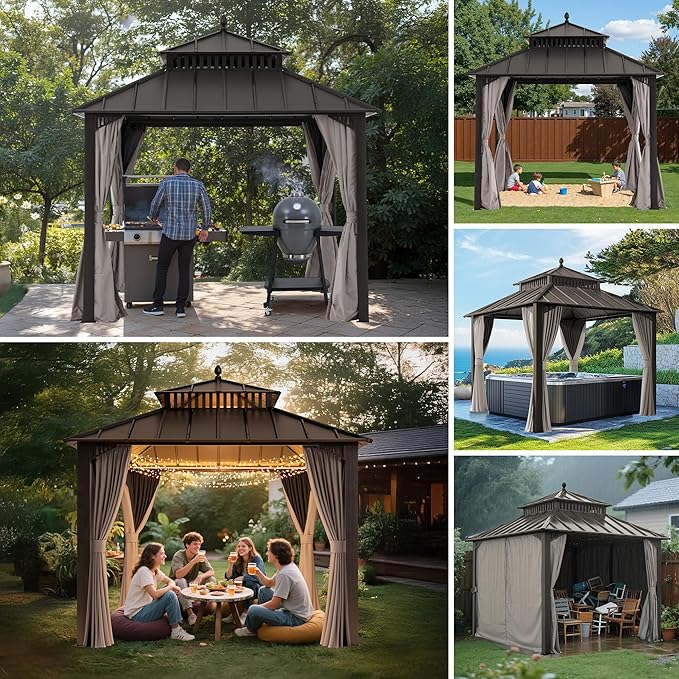 SUNJOY Kingston 10' x 10' Hardtop Gazebo with Galvanized Steel Double Roof, Curtain and Netting, Brown Aluminum Posts Permanent Pavilion Gazebo for Garden, Patio, Deck, Lawn