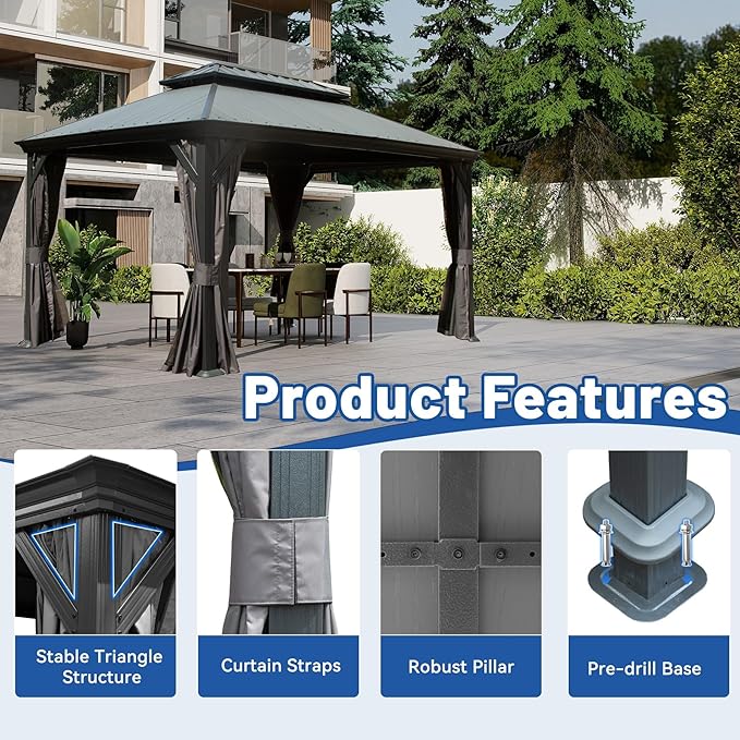 Outdoor Hardtop Gazebo for Patio 12x16FT with Resin-Galvanized Steel Roof, Metal Hard Top Gazebo with Gutters, Heavy Duty Gazebos All Season with Curtains & Netting, for Deck, Backyard, Hot Tub