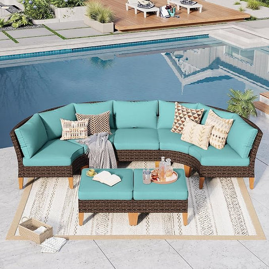 GREEN PARTY 7 Pieces Wicker Patio Furniture Set, All-Weather Outdoor Rattan Half-Moon Patio Curved Sectional Sofa Conversation Set for Garden, Backyard, 2 x Ottomans (Blue)