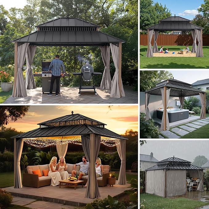 SUNJOY Kingston 14' x 12' Hardtop Gazebo with Galvanized Steel Double Roof, Curtain and Netting, Woodgrain Finish Aluminum Posts Permanent Pavilion Gazebo for Garden, Patio, Deck, Lawn