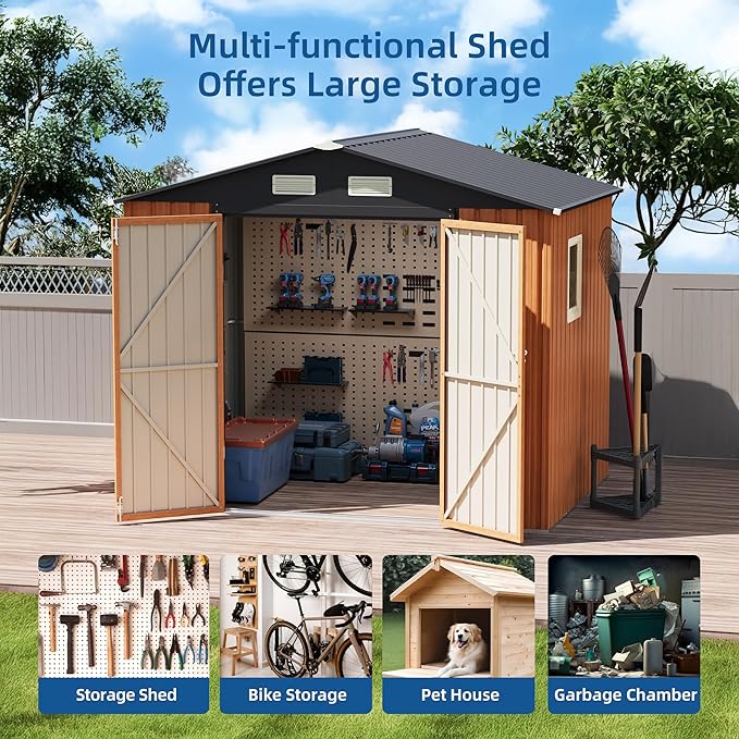 6x8FT Outdoor Storage Shed, Metal Garden Shed with Updated Frame Structure & Lockable Doors, Large Tool Shed for Backyard, Patio,Lawn,Utility & Bike Storage