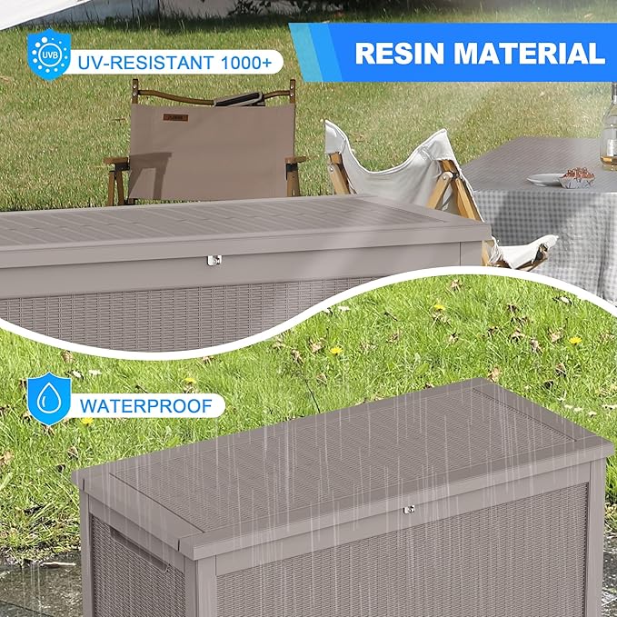 320 Gallon Deck Box, Resin Outdoor Indoor Waterproof Storage Box, Lockable Storage Box With Handle for Patio Furniture - Garden Tools - Swimming Pool Tools UV-Resistant (Grey 320 Gallon)