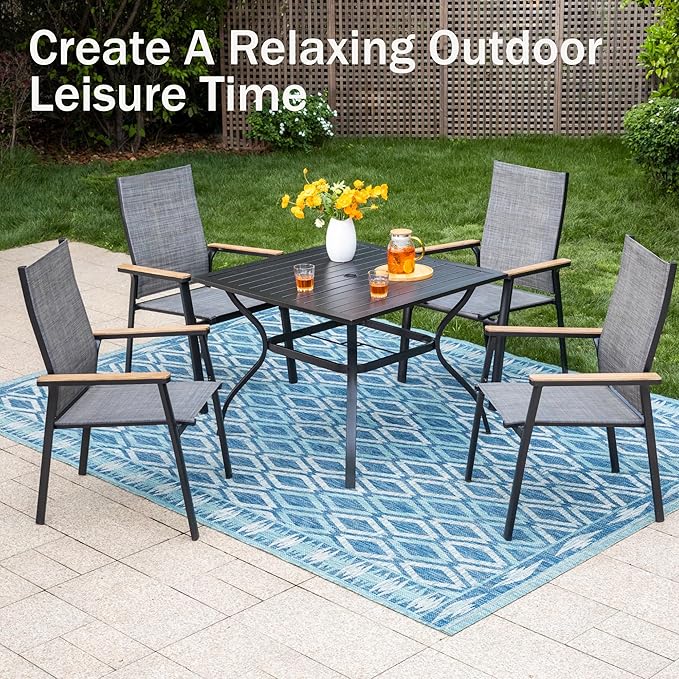 PHI VILLA Outdoor Stackable Chairs, Patio Chairs Set of 8, Light Weight Aluminum Frame with Textilene Fabric & Wood Armrest, High Back Deck Chairs for Poolside Lawn Garden, Gray