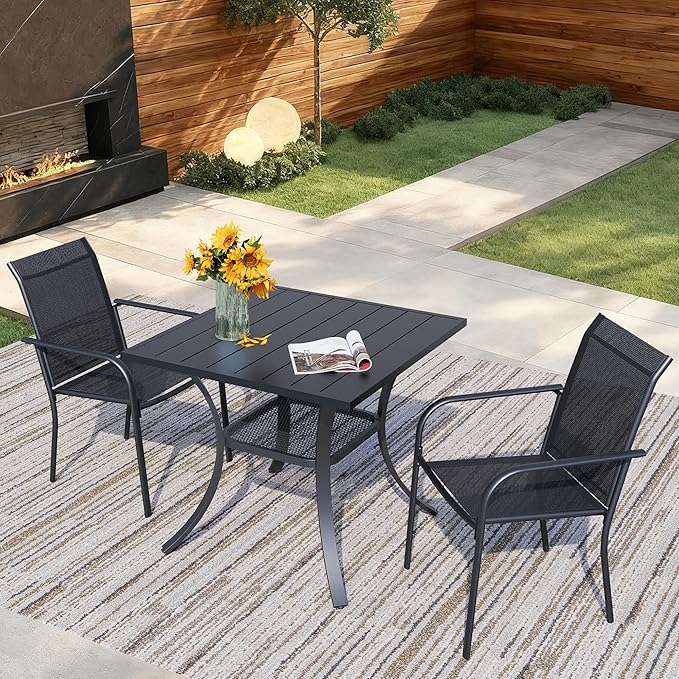 3 Pieces Round Dining Table Set for 2, Patio Dining Set Includes 2 Black Stackable Patio Chairs and 27.6" Black Metal Square Table, Patio Furniture Sets with Sling Support for Outside, Garden