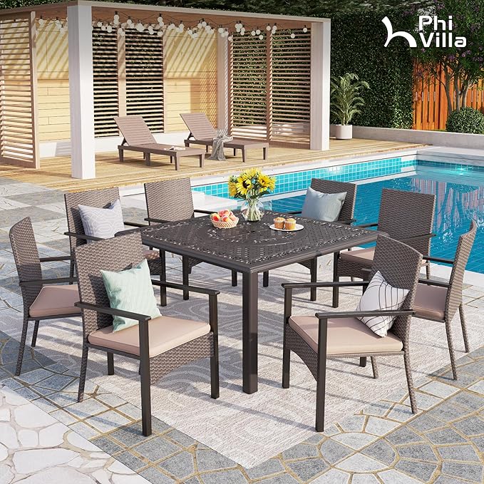 PHI VILLA Outdoor 9-Piece Cast Aluminum Dining Set for 8, Square Metal Dining Table with Umbrella Hole & Cushioned Wicker Rattan Chairs, Patio Dining Set