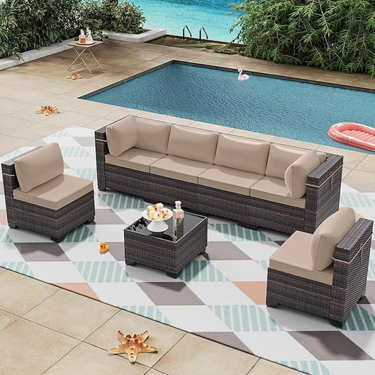 Outdoor Patio Furniture Set, 7 Pieces Outdoor Furniture All Weather Patio Sectional Sofa PE Wicker Modular Conversation Sets with Coffee Table,6 Chairs & Seat Clips Brown