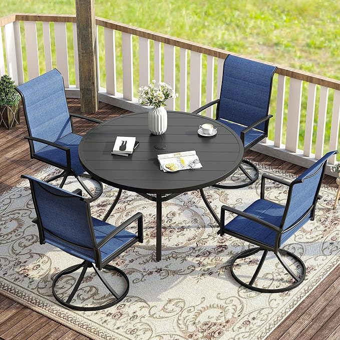 VICLLAX 5 Pieces Patio Dining Set - 41.2" Round Outdoor Table and Swivel Padded Chairs, Black Tabletop and Blue Fabric