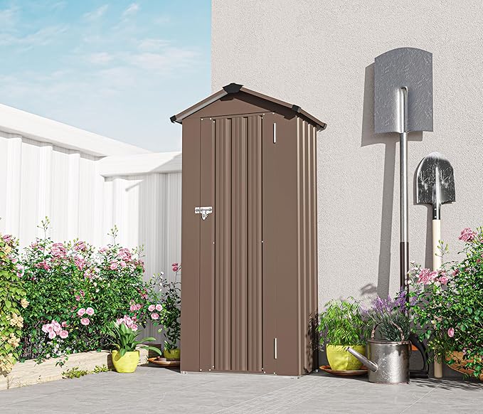 2.5x1.4 FT Mini Outdoor Storage Shed, Plastic Shed with Floor, Lockable Door, Adjustable Shelves & Sloping Roof, All-Weather Resin Shed for Garden, Backyard, Patio, Lawn (Brown)