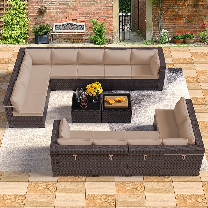 Outdoor Patio Furniture Set, 14 Pieces Outdoor Furniture All Weather Patio Sectional Sofa PE Wicker Modular Conversation Sets with Coffee Table,12 Chairs & Seat Clips(Sand)