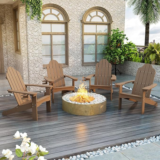 LUE BONA HDPS Adirondack Chairs Set of 8, Fire Pit Outdoor Chair Weather Resistant with Cup Holder, Modern Plastic Chair Plastic for Patio, Deck, Proch, 350LBS, Brown