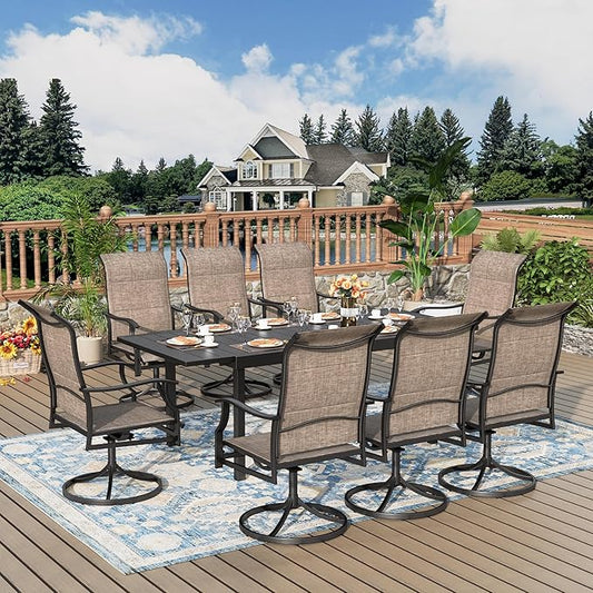 9 Pieces Patio Dining Set, Outdoor Table and Chairs, 8 x Textilene Swivel Dining Chairs and 61" Expandable Patio Dining Table, for Cozy Garden Settings, Grayish Brown