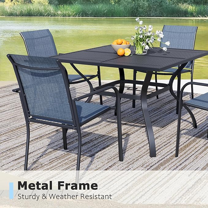 5 Pieces Sqaure Dining Table Set for 4, Patio Dining Set Includes 4 Blue Stackable Patio Chairs and 1 Black Mesh Square Table, Patio Furniture Sets with Sling Support for Outside, Garden