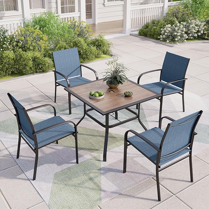 5 Pieces Patio Table and Chairs Set, 4 Person Outdoor Dining Furniture Set, 4 Blue Textilene Chairs and 37" Wood-Like Table Top Table with Umbrella Hole, for Deck Backyard Lawn