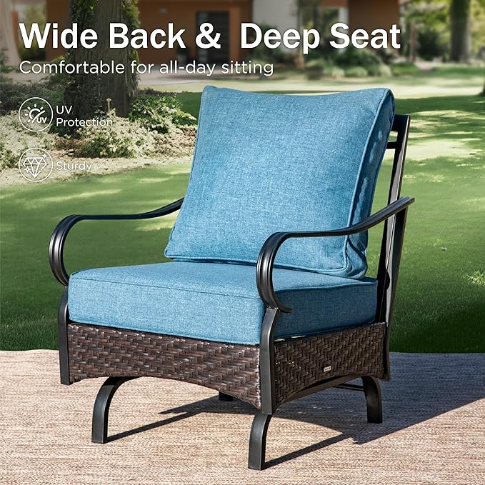 PHI VILLA Patio Rocking Chairs Set of 2, Outdoor Wicker Chairs with Thick Cushion, All Weather High Back Outdoor Furniture for Balcony Porch and Yard