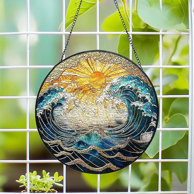 Ocean Wave Sunset Suncatcher Stained Glass Window Hanging - 10" Hand-Painted Sun Catcher Garden Hanging Decoration with Metal Chain Outdoor Garden Decor Gift for Women