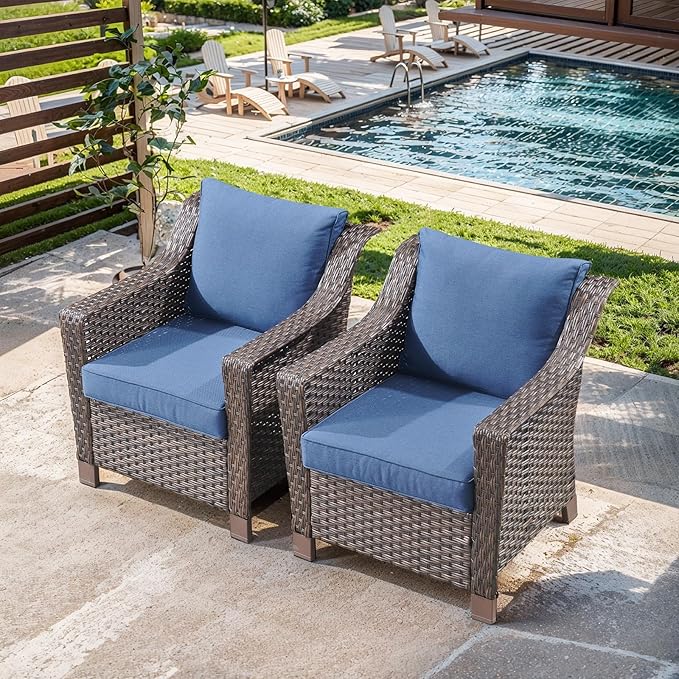 Outdoor Wicker Chair Set of 2-Outdoor Patio Chairs with Deep Seating Patio Dining Chairs for Deck Balcony Poolside Backyard-Brown/Blue