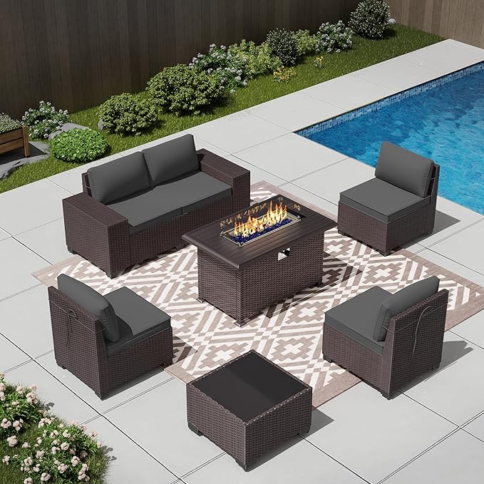 Outdoor Patio Furniture Set with Propane Fire Pit Table, 7 Pieces Outdoor Furniture Patio Sectional Sofa Conversation Sets w/ETL Approved 43" Gas Outdoor Fire Table & Coffee Table (Grey)